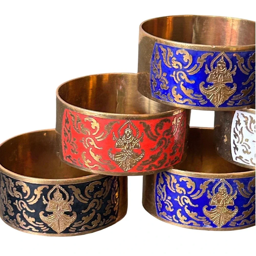 Vintage Thai Bronze Enameled Napkin Rings Etched Buddha Set of 6 Multi Color